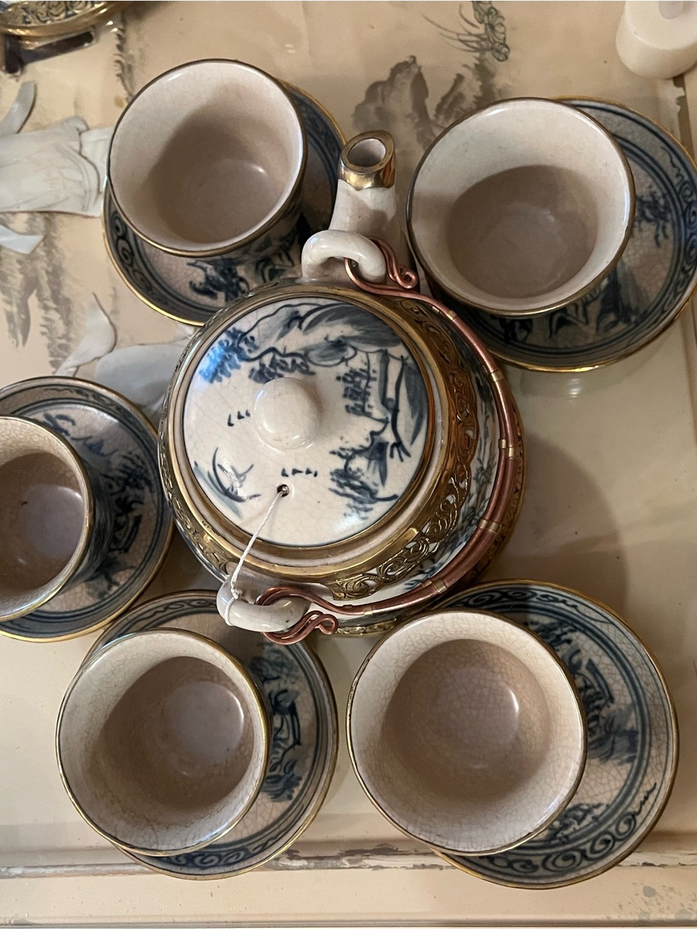 Blue & Gold Asian Porcelain Tea Set - Handpainted Scenic Motif